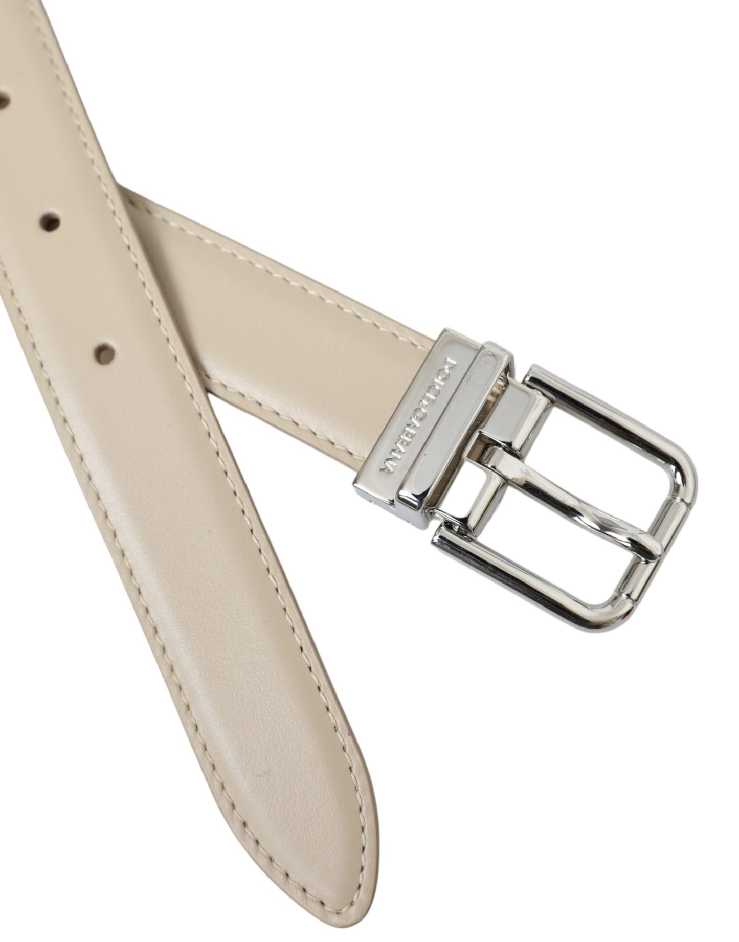 Dolce & Gabbana Beige Calfskin Leather Silver Metal Buckle Belt - 80 cm / 32 Inches