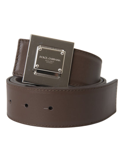 Dolce & Gabbana Brown Calf Leather Square Metal Buckle Belt - 80 cm / 32 Inches