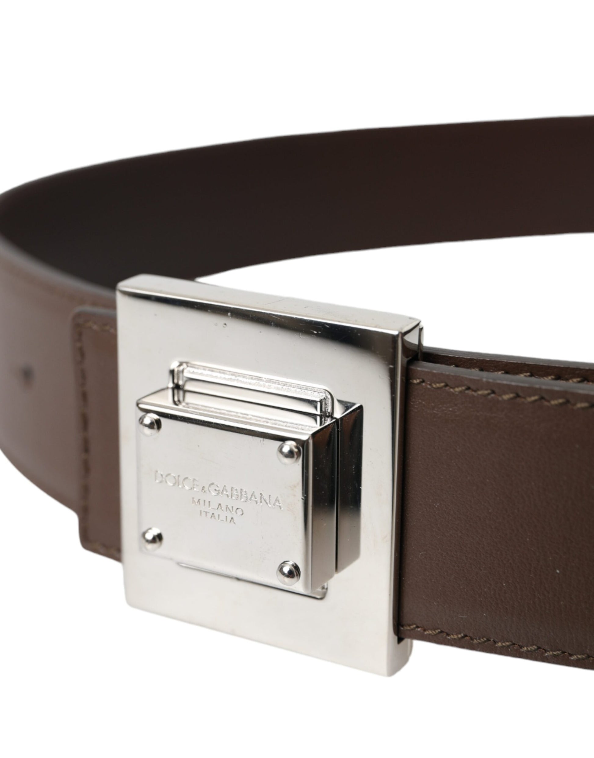 Dolce & Gabbana Brown Calf Leather Square Metal Buckle Belt - 80 cm / 32 Inches