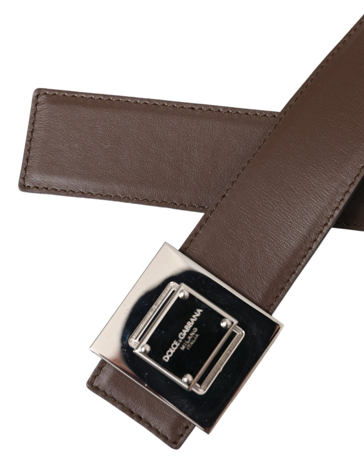 Dolce & Gabbana Brown Calf Leather Square Metal Buckle Belt - 80 cm / 32 Inches