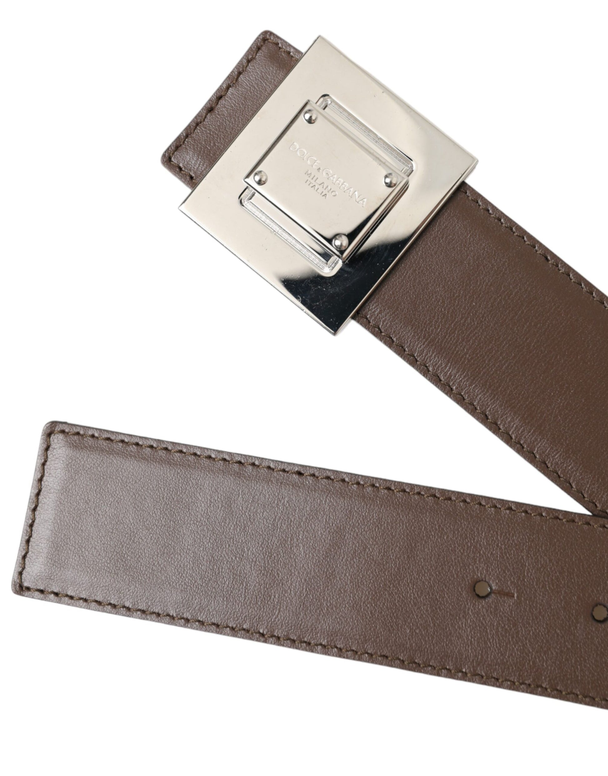 Dolce & Gabbana Brown Calf Leather Square Metal Buckle Belt - 80 cm / 32 Inches