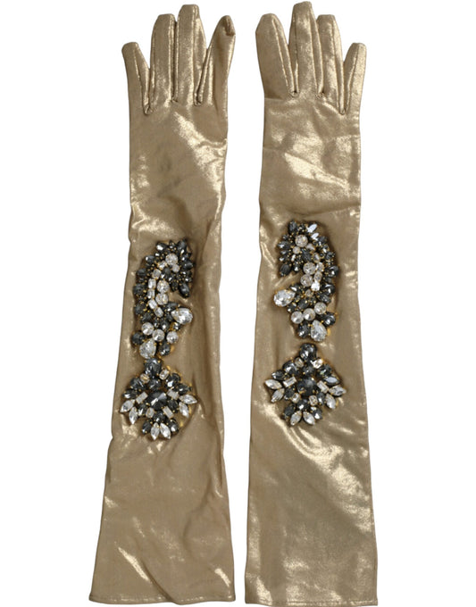 Dolce & Gabbana Beige Satin Crystal Elbow Length Gloves - 6.5|XS