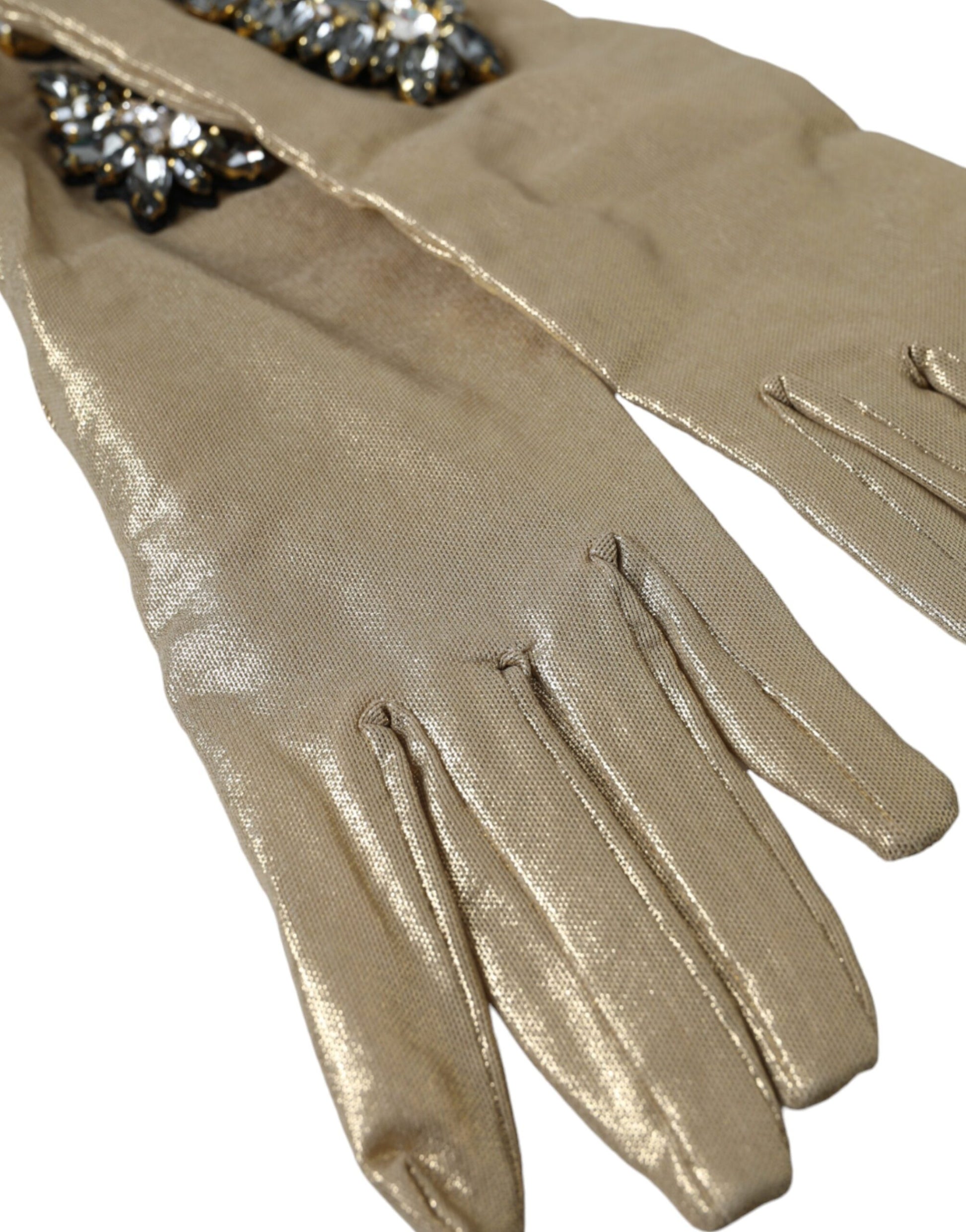 Dolce & Gabbana Beige Satin Crystal Elbow Length Gloves - 6.5|XS