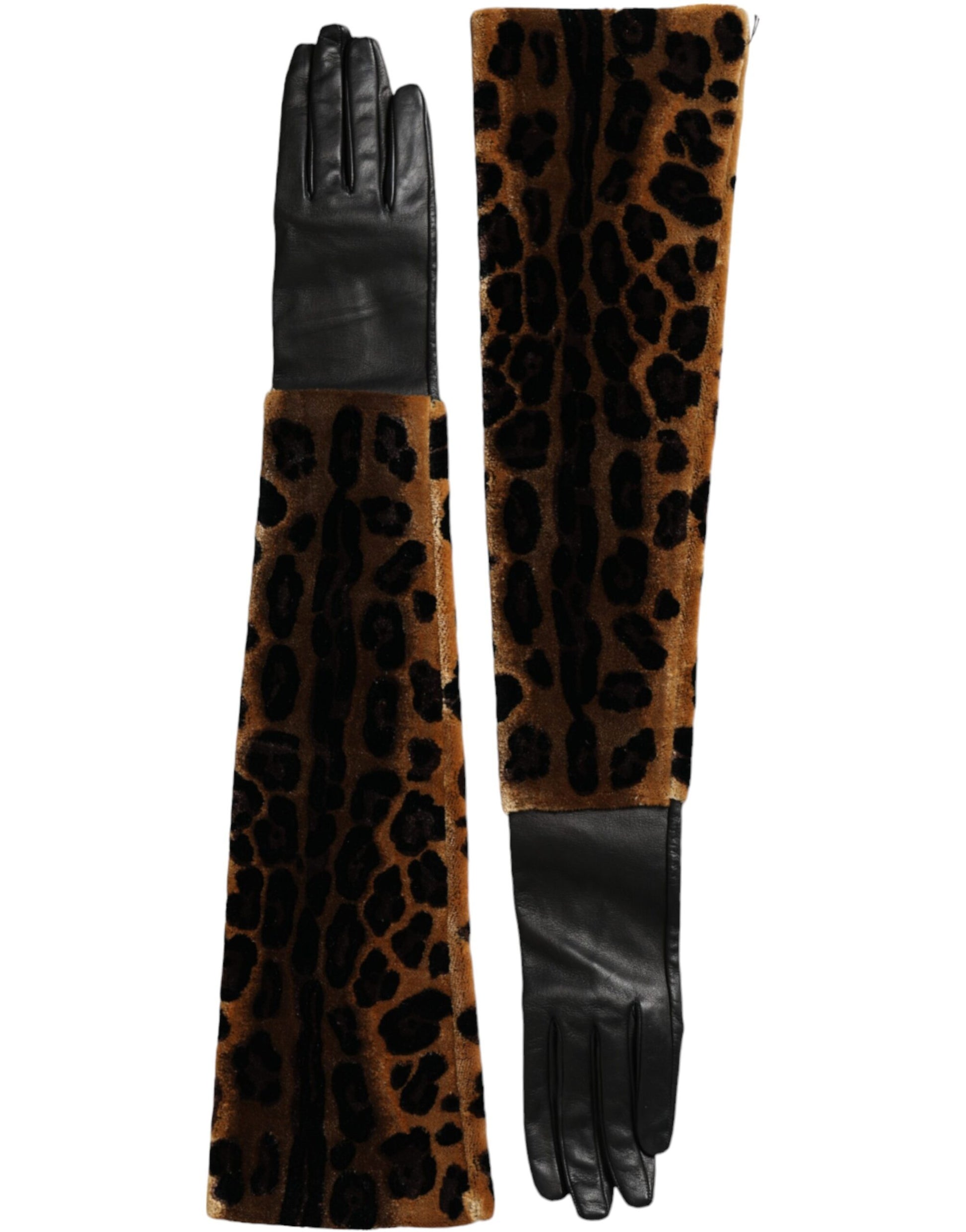 Dolce & Gabbana Brown Black Leopard Leather Elbow Length Gloves - 6.5|XS