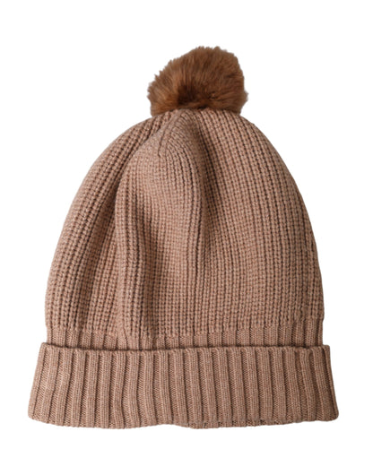 Dolce & Gabbana Brown Solid Knitted Fur Ball Winter Beanie Hat - S