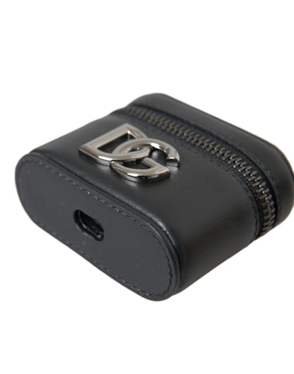 Dolce & Gabbana Black DG Logo Leather Silver Metal Airpods Case