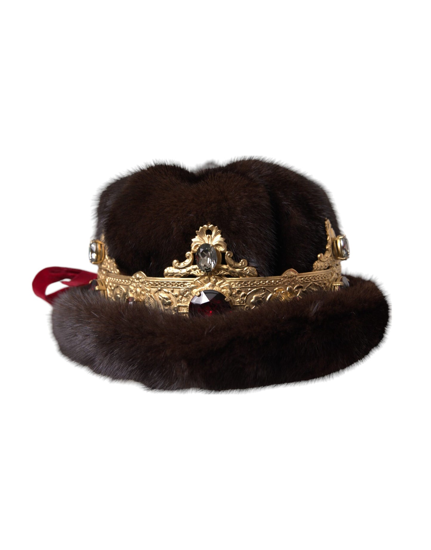 Dolce & Gabbana Dark Brown Mink Fur Gold Crystal Crown Hat - 57 cm|S