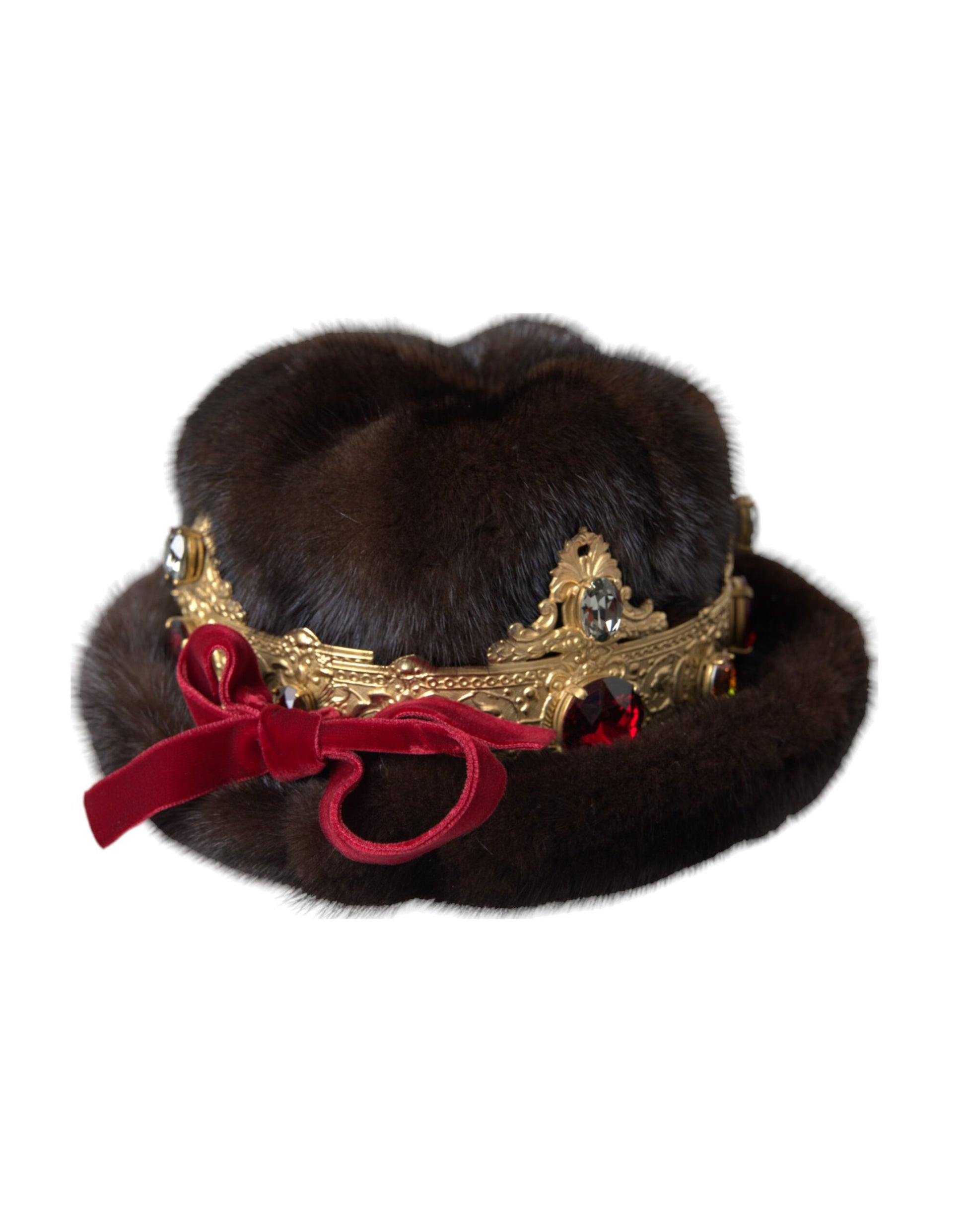 Dolce & Gabbana Dark Brown Mink Fur Gold Crystal Crown Hat - 57 cm|S