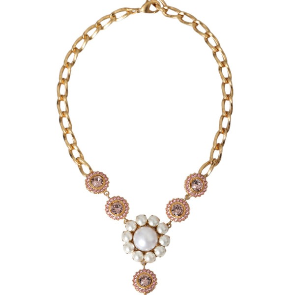 Dolce & Gabbana Gold Brass Crystal Purple Pink Pearl Pendants Necklace