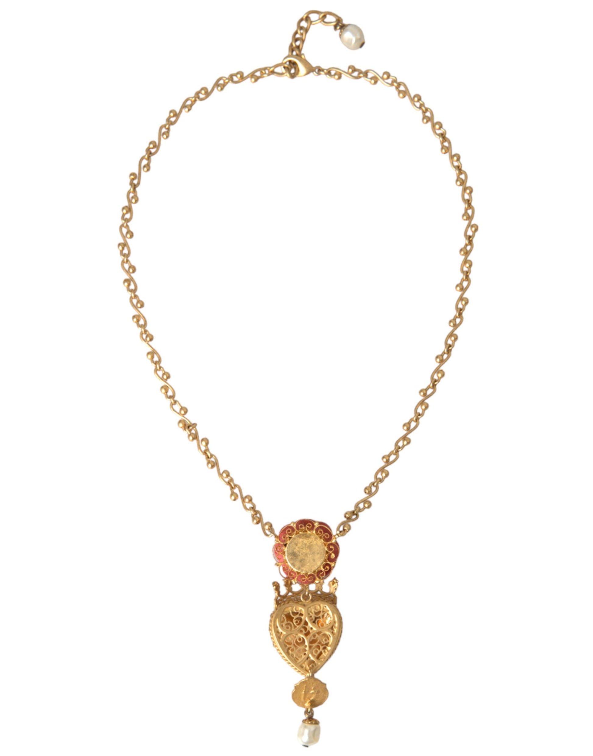 Dolce & Gabbana Gold BrassChain Sacred Heart Rose Crystal Charm Necklace