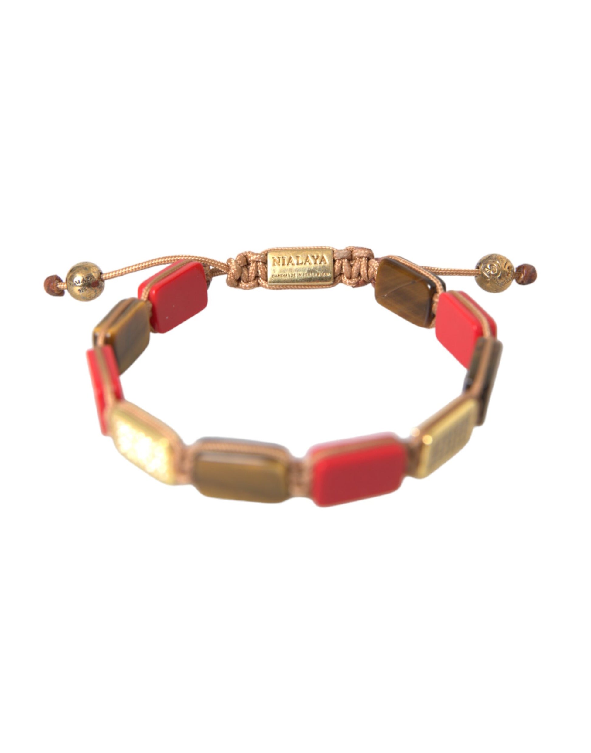 Nialaya CZ Tiger Eye Red Coral 925 Silver Men Bracelet - L