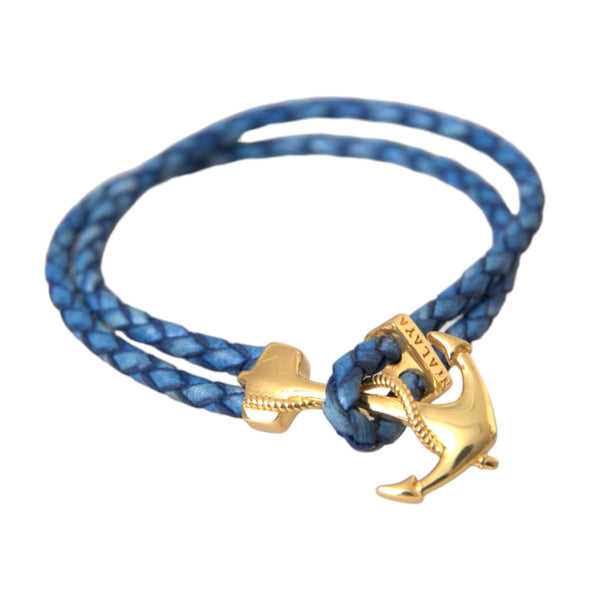 Nialaya Blue Gold Anchor 925 Silver Charm Bracelet Mens