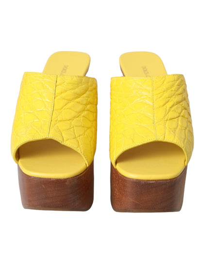 Dolce & Gabbana Yellow Leather Wood Mule Wedge Slides Shoes