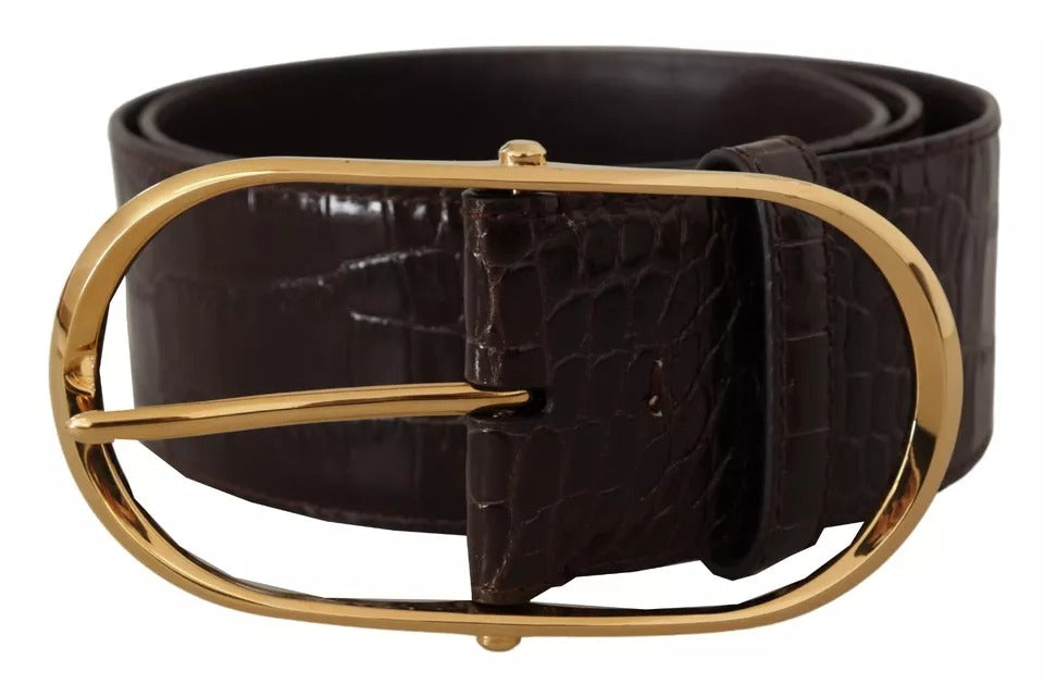 Dolce & Gabbana Brown Crocodile Pattern Leather Gold Oval Buckle Belt - 75 cm / 30 Inches