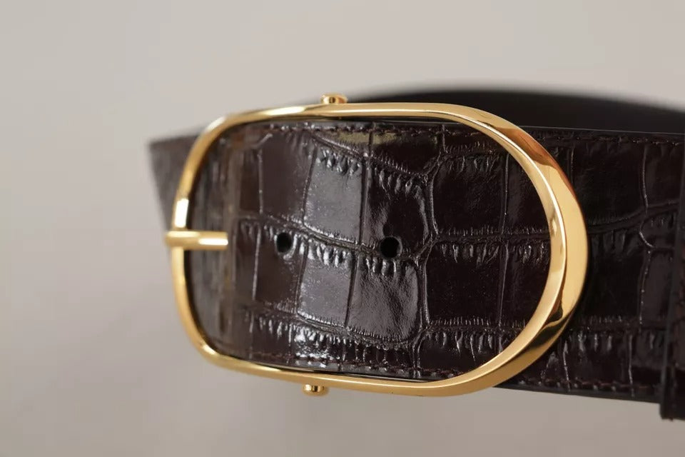 Dolce & Gabbana Brown Crocodile Pattern Leather Gold Oval Buckle Belt - 75 cm / 30 Inches