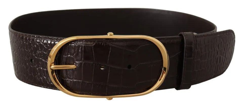 Dolce & Gabbana Brown Crocodile Pattern Leather Gold Oval Buckle Belt - 75 cm / 30 Inches