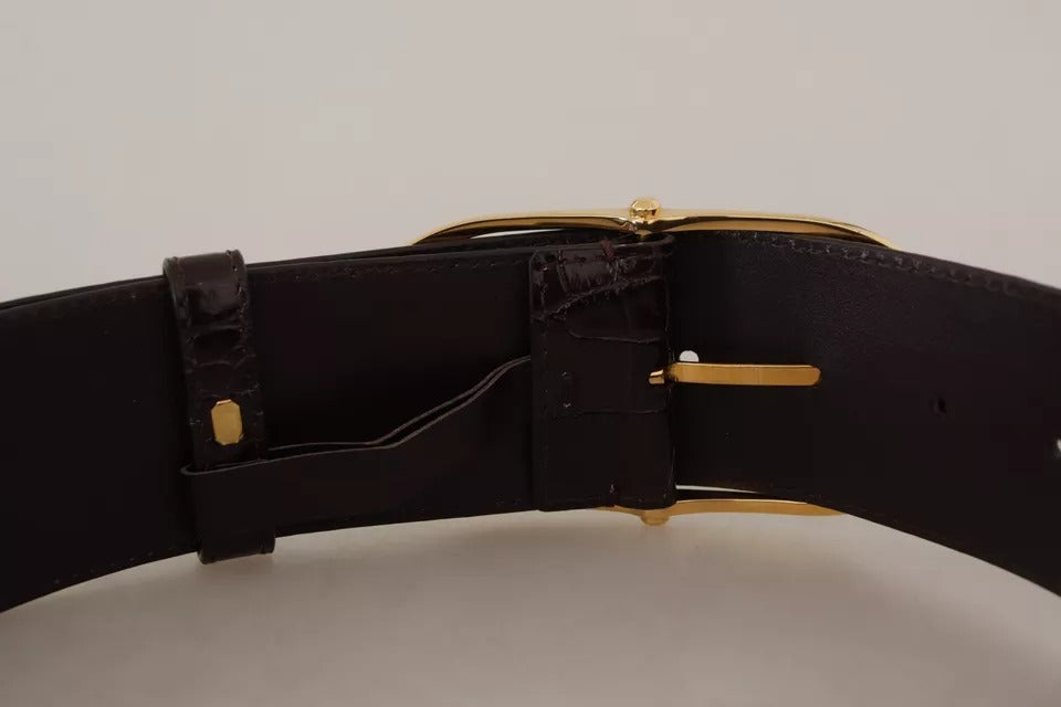 Dolce & Gabbana Brown Crocodile Pattern Leather Gold Oval Buckle Belt - 75 cm / 30 Inches