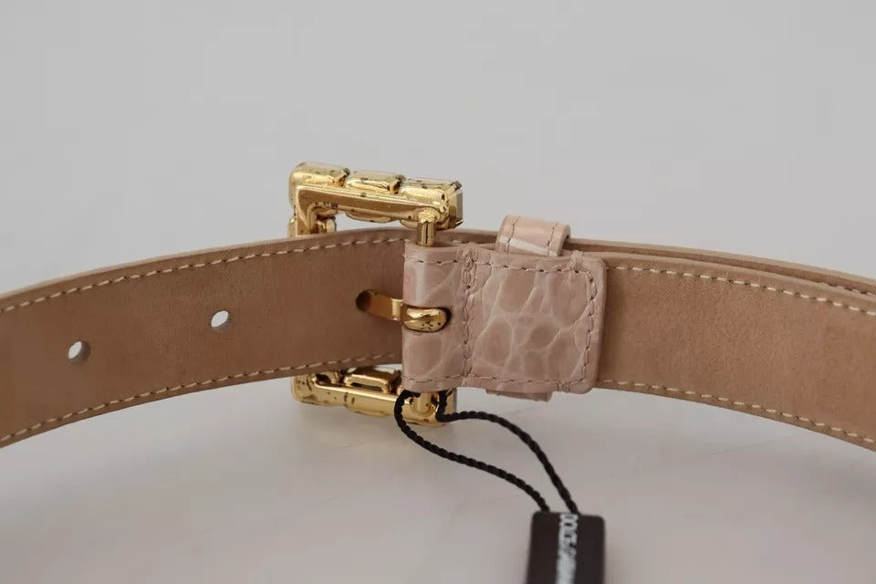 Dolce & Gabbana Beige Leather Crystal Buckle Women Belt - 60 cm / 24 Inches