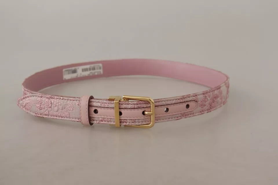 Dolce & Gabbana Pink Jaquard Embroidered Gold Tone Metal Buckle Belt - 75 cm / 30 Inches