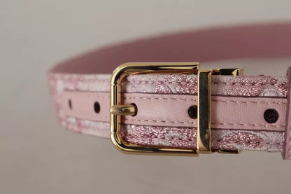 Dolce & Gabbana Pink Jaquard Embroidered Gold Tone Metal Buckle Belt - 75 cm / 30 Inches