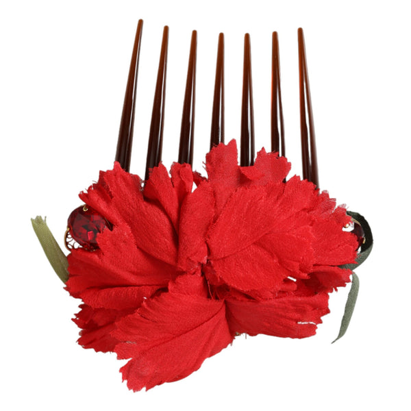 Dolce & Gabbana Red Silk Floral Gold Brass Women Hair Comb