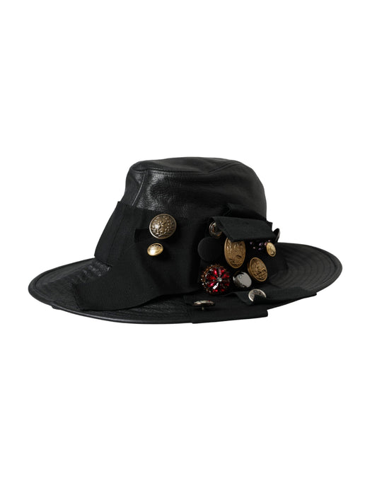 Dolce & Gabbana Black Leather DG Coin Crystal Wide Brim Hat - 57 cm|S