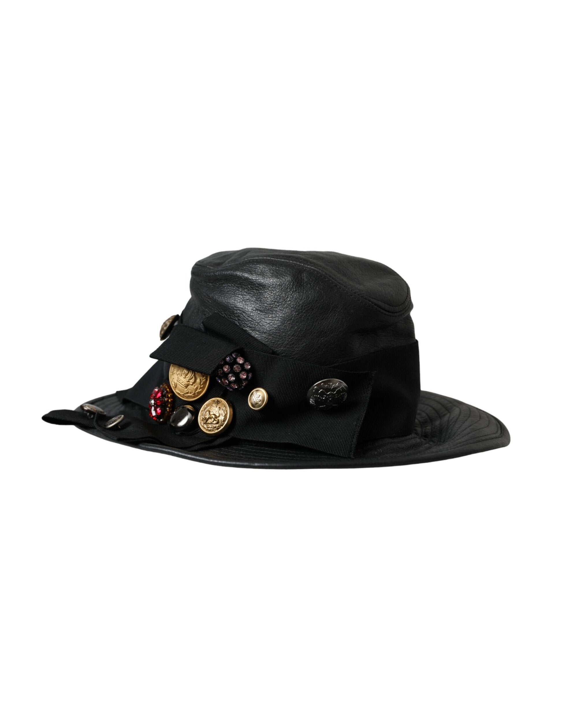 Dolce & Gabbana Black Leather DG Coin Crystal Wide Brim Hat - 57 cm|S