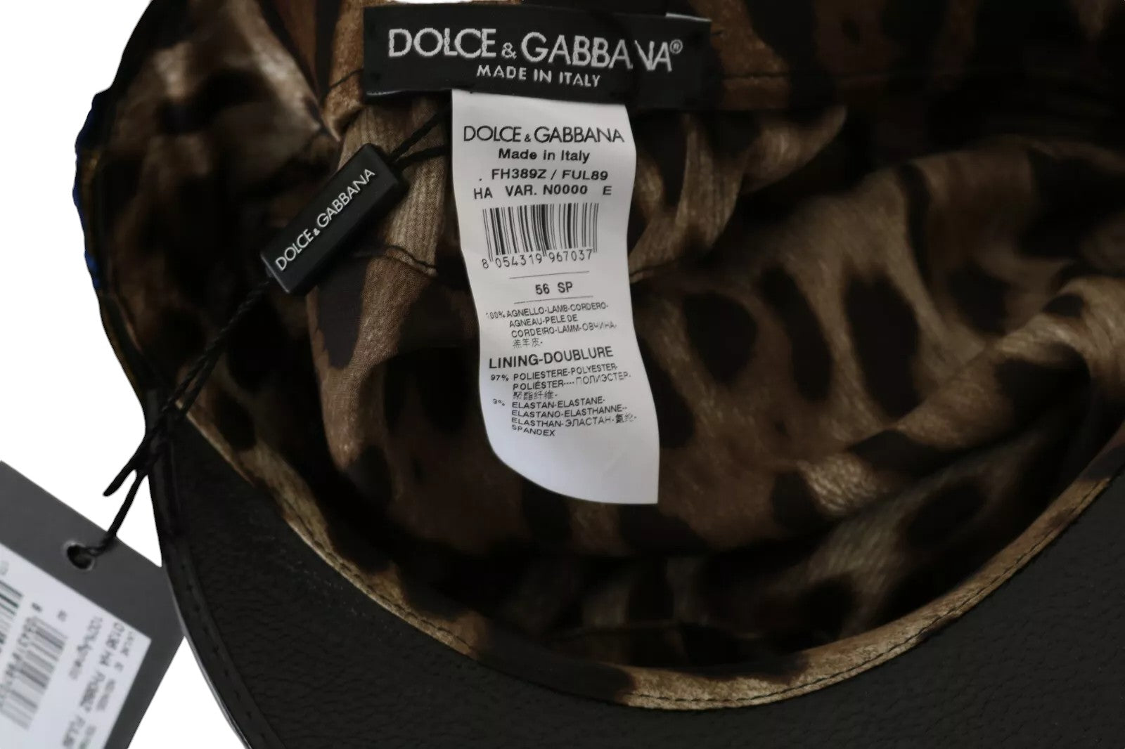 Dolce & Gabbana Black Leather Crystal Beads Gold Ribbon Fiddler Cap - 56 cm|XS