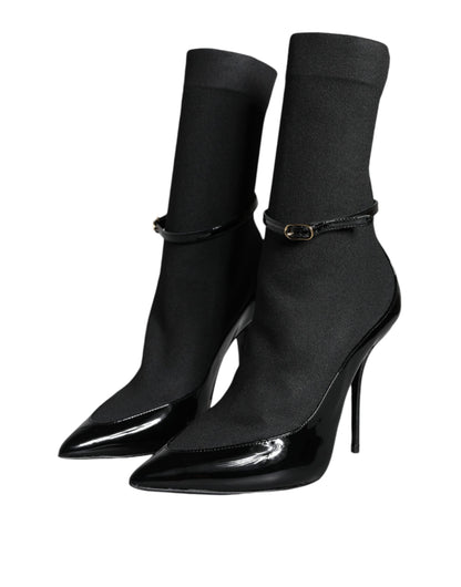 Dolce & Gabbana Black Leather Stilettos Booties Socks Shoes - EU39/US8