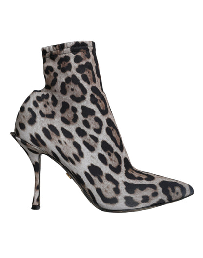 Dolce & Gabbana Gray Leopard Stretch Heels Ankle Boots Shoes - EU38/US7