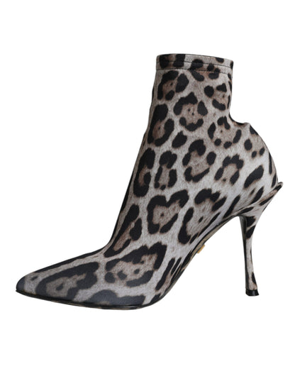 Dolce & Gabbana Gray Leopard Stretch Heels Ankle Boots Shoes - EU38/US7