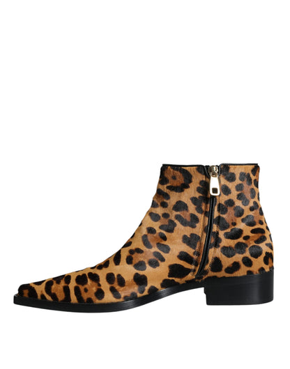 Dolce & Gabbana Brown Leopard Calf Fur Ankle Boots Shoes - EU35.5/US5.5