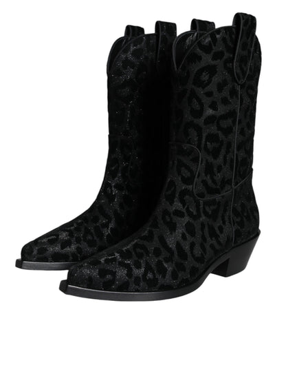 Dolce & Gabbana Black Gray Leopard Cowboy Boots Shoes - EU35/US5