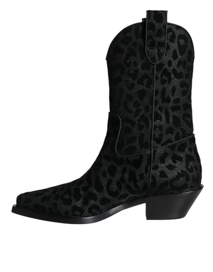 Dolce & Gabbana Black Gray Leopard Cowboy Boots Shoes - EU35/US5