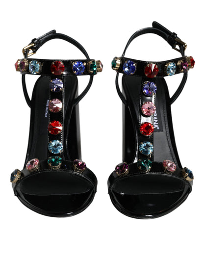 Dolce & Gabbana Black Crystal Leather T-strap Sandals Shoes - EU39/US9