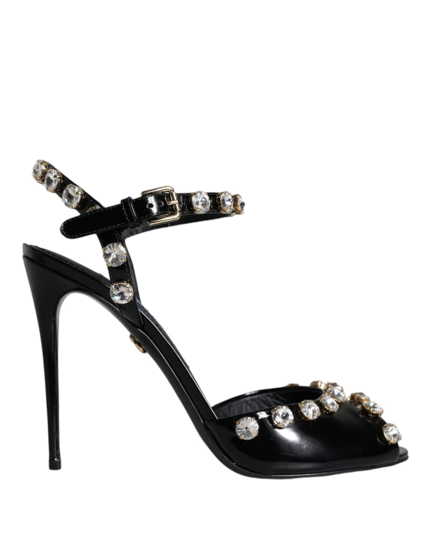 Dolce & Gabbana Black Leather Crystal Ankle Strap Sandals Shoes - EU39/US9