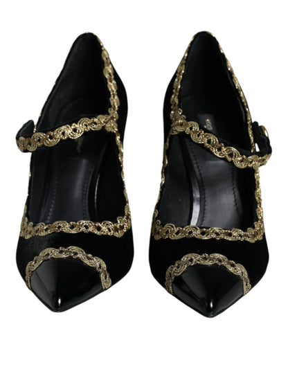 Dolce & Gabbana Black Mary Janes Velvet Gold Pumps Shoes - EU36/US6