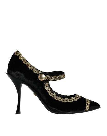 Dolce & Gabbana Black Mary Janes Velvet Gold Pumps Shoes - EU36/US6