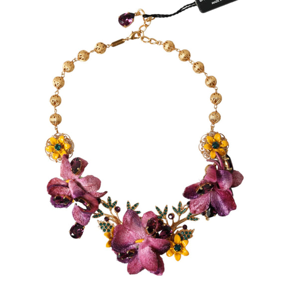 Dolce & Gabbana Gold Brass Mix Fiori Flowers Crystal Chain Necklace