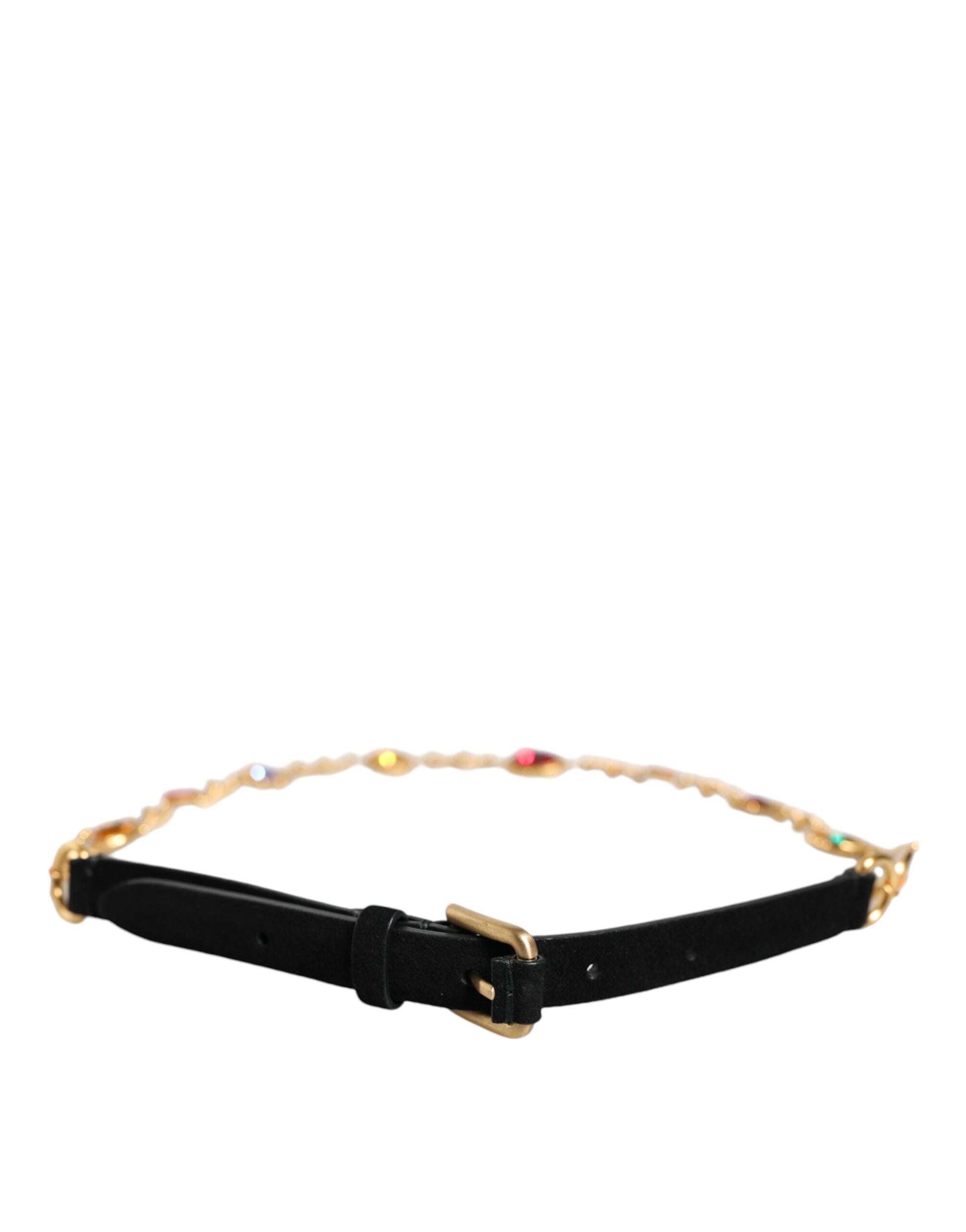 Dolce & Gabbana Black Leather Gold Brass Crystal Chain Waist Belt - S