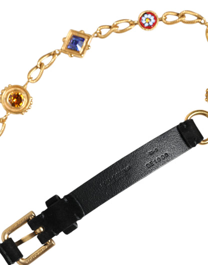 Dolce & Gabbana Black Leather Gold Brass Crystal Chain Waist Belt - S