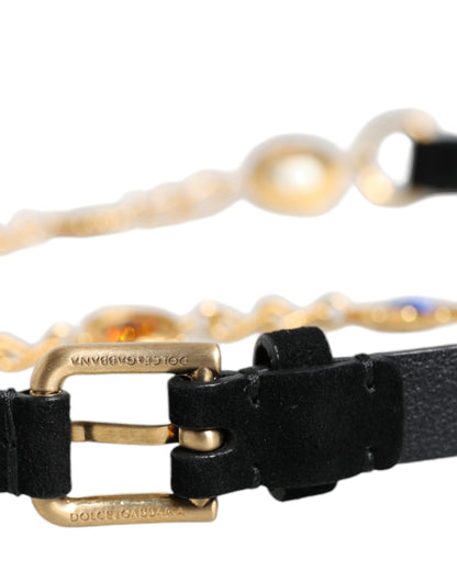 Dolce & Gabbana Black Leather Gold Brass Crystal Chain Waist Belt - S