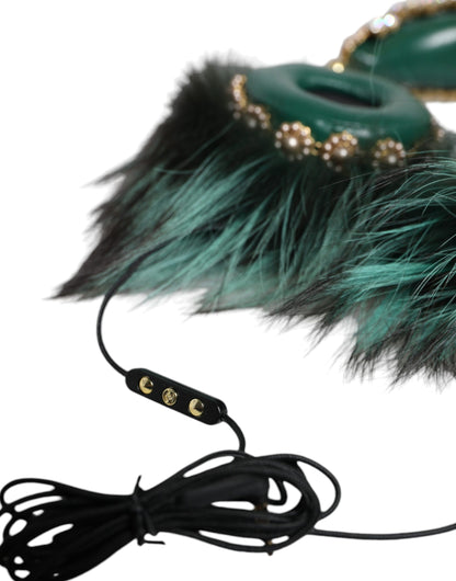 Dolce & Gabbana Green Gold Crystal Fur Headset Audio AUX Headphones