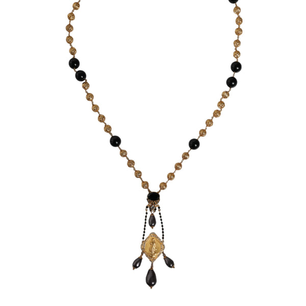 Dolce & Gabbana Gold Chain Brass Black Beaded Rosary Style Necklace