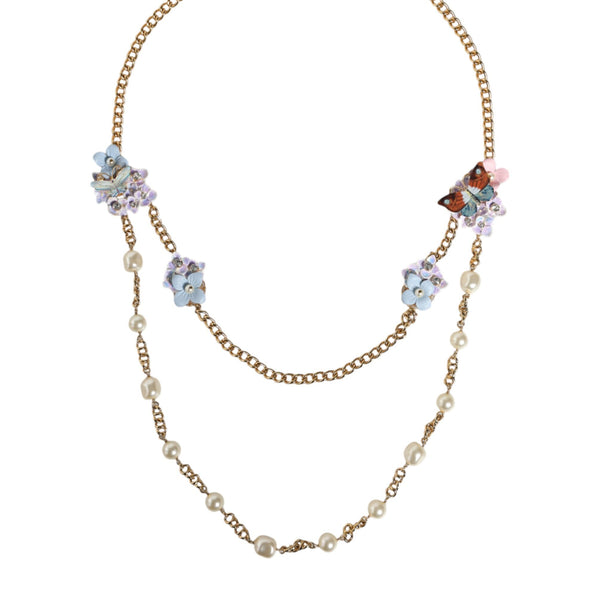 Dolce & Gabbana Gold Chain Brass Floral Layered Crystal Pearl Necklace