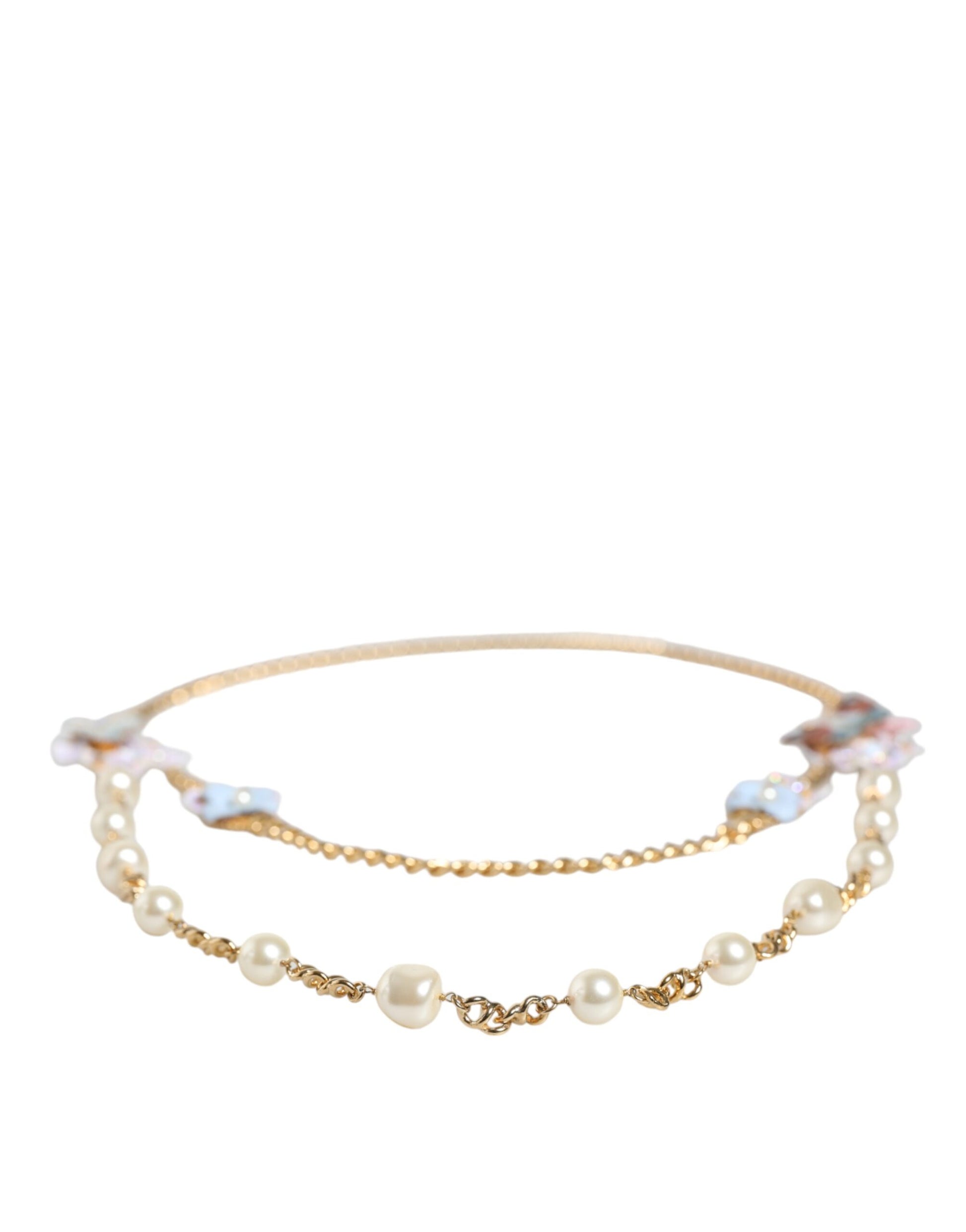 Dolce & Gabbana Gold Chain Brass Floral Layered Crystal Pearl Necklace