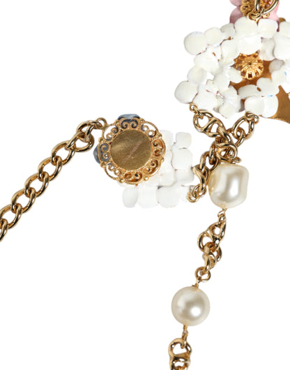 Dolce & Gabbana Gold Chain Brass Floral Layered Crystal Pearl Necklace