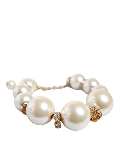 Dolce & Gabbana White Maxi Faux Pearl Beads Crystals Gold Chain Necklace