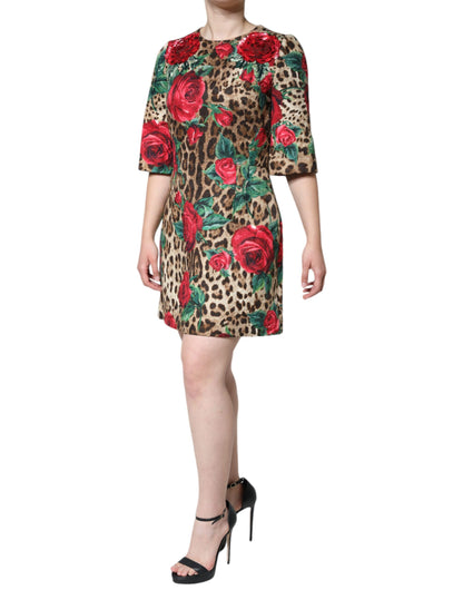 Dolce & Gabbana Brown Leopard Red Roses Cotton A-line Dress - IT42|M