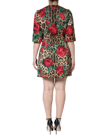 Dolce & Gabbana Brown Leopard Red Roses Cotton A-line Dress - IT42|M